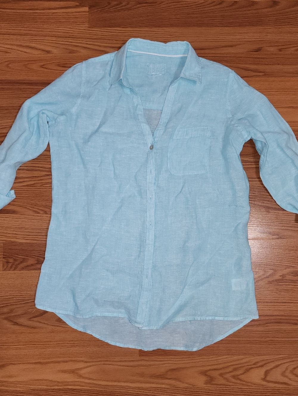 Sigrid Olsen Womens 100% Linen Button Up Shirt Sz M Aqua Roll Tab Sleeve Beachy